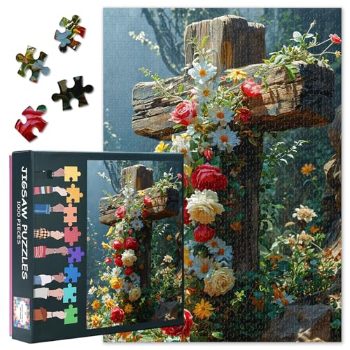 Holzkreuz Mit Blumen Puzzles 1000 Teile Für Erwachsene Schwierige Herausforderung Kreuzpuzzle Erwachsene Geschenke Für Puzzle-Liebhaber Puzzle-Kunst Für Kunstwerk Heimdekoration 50cmx70cm von TISHIRON