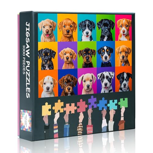 Hunde-Puzzle für Erwachsene, schwieriges, herausforderndes Puzzle für Erwachsene, Familie, buntes süßes Welpenpuzzle als Heimdekoration, Tierkunst-Stil, Größe 50 x 69,8 cm von TISHIRON