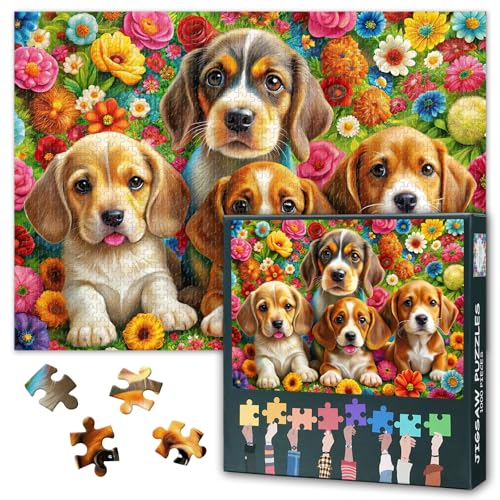 Hundewelpen Puzzle 1000 Teile für Erwachsene - Farbenfroher Blumengarten, Premium Tiermotiv Puzzle mit 70x50 cm Motiv von TISHIRON