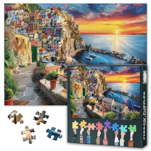 Italienisches Küstenpuzzle 1000 Teile - Manarola bei Sonnenuntergang in Cinque Terre, 50x70 cm Farbenfrohes Häusermotiv am Meer, Mittelmeer-Landschaftspuzzle für Erwachsene von TISHIRON