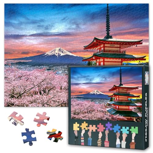 Japan Puzzle 1000 Teile - Berg Fuji mit Kirschblüten bei Sonnenuntergang, 50x70 cm Asiatisches Landschaftsmotiv, Herausforderndes Premium-Puzzle von TISHIRON