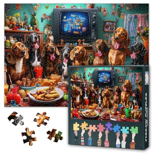 Jigsaw Puzzle 1000 Teile für Erwachsene Dackel Fest Lustiger Hund Versammlung Niedliche Wiener Hunde Party Verspielte Hundekunst Premium Papier Puzzle Entspannende Herausforderung 27.5 x 19.7 Zoll von TISHIRON
