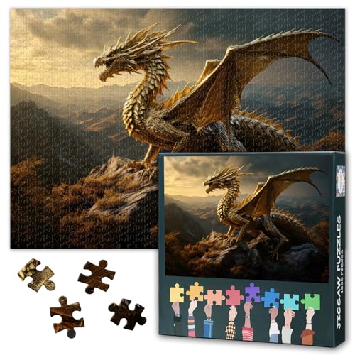 Jigsaw Puzzles 1000 Stücke für Erwachsene Goldener Drache unter der Einstellung der Sonne Puzzles Jugendliche Bildungsspielzeug Herausforderndes Puzzle Geeignet für Spielenächte Größe: 70x50cm von TISHIRON
