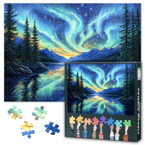 Jigsaw Puzzles 1000 Stücke für Erwachsene Nordlichter Puzzle Aurora Fjord Puzzles für Erwachsene Familie Herausforderung Spiel Jugendliche Familie Spielzeug fertig Größe: 70x50cm von TISHIRON