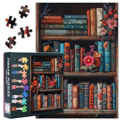 Jigsaw Puzzles 1000 Teile Vintage Bücher - 1000 Stück Puzzle für Erwachsene Bücherregal, schwer herausfordernde Puzzle blühende Blumen (70 x 50 cm), Familie Spielabend & Home Decor von TISHIRON