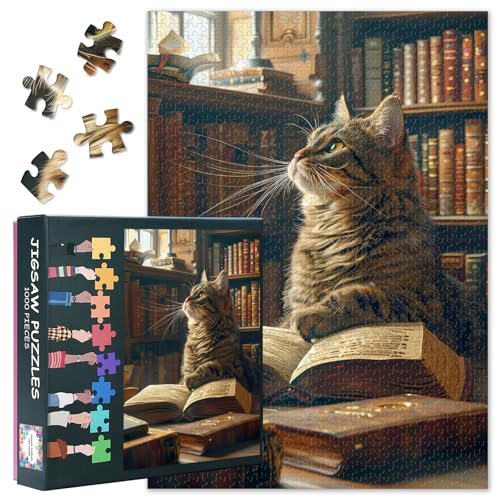 Katze Puzzle Puzzles 1000 Stücke für Erwachsene Katze in der Bibliothek Puzzles Home Wanddekoration für Erwachsene Teens Bildungsspielzeug Einzigartige mentale Übung Fertiges Puzzle Größe: 70x50cm von TISHIRON