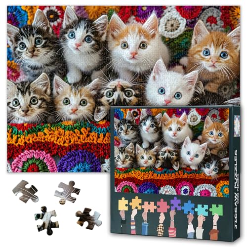 Katzen-Puzzle 1000 Teile - Gruppe süßer Kätzchen auf bunter Decke, 50x70 cm niedliches Tiermotiv für Erwachsene für die Feiertage von TISHIRON