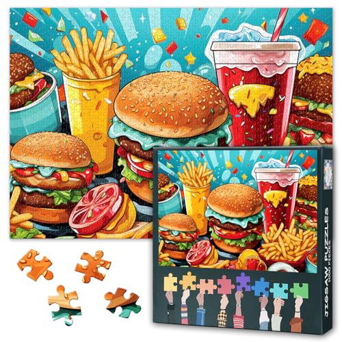 Kulinarisches Puzzle 1000 Teile - Hamburger mit Pommes Frites, 50x70 cm Detailreiches Motiv für gesellige Puzzle-Abende von TISHIRON