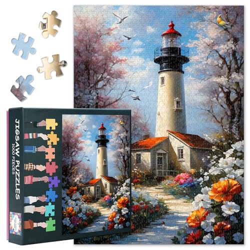 Leuchtturm Puzzle 1000 Teile Erwachsene - Küstenpanorama mit Roten Mohnblumen | Herausforderndes Premium Puzzle 70x50 cm von TISHIRON