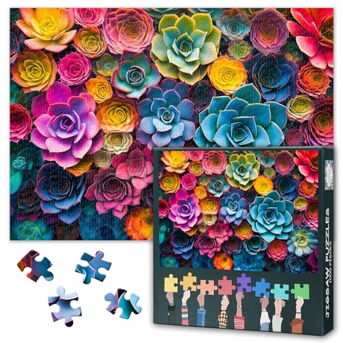 Märchenhaftes Kakteen Puzzle 1000 Teile - Neon Botanische Fantasiekunst, Herausforderndes Erwachsenenpuzzle - 27.5x19.7 Zoll von TISHIRON
