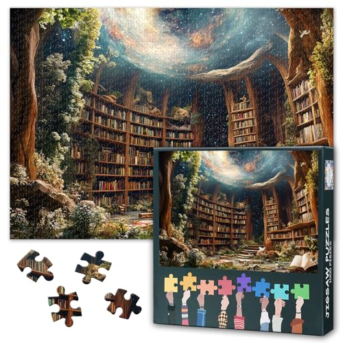 Magische Buch-Puzzles, magische Bibliothek voller Bücher, mit einem atemberaubenden Galaxie-Motiv auf dem Deckel Puzzle für Erwachsene 1000 Teile, unmögliche Puzzles für Erwachsene, 50 x 70 cm von TISHIRON