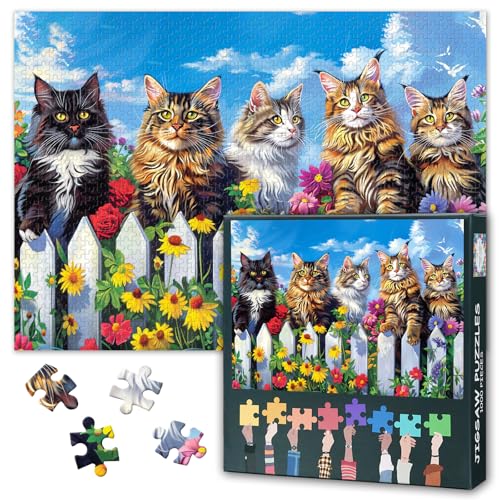 Maine Coon Katzen Puzzle 1000 Teile Erwachsene - Blühender Garten mit Samtpfote | Premium Tiermotiv Puzzle 70x50 cm von TISHIRON