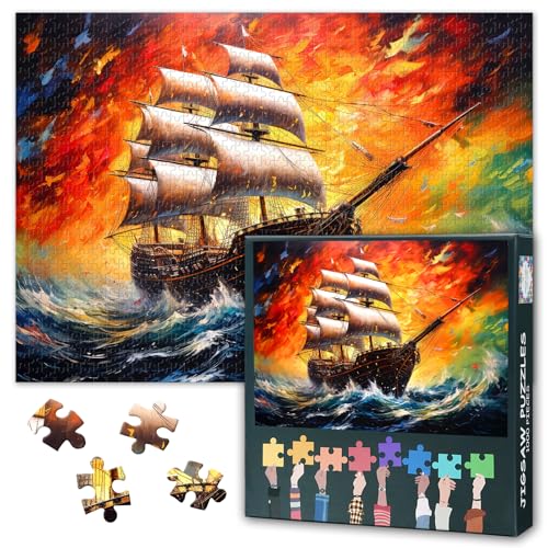 Maritimes Puzzle 1000 Teile - Segelschiff im Sturm (Ölgemälde-Stil), 50x70 cm Vintage Sammlerstück für Puzzle-Enthusiasten von TISHIRON