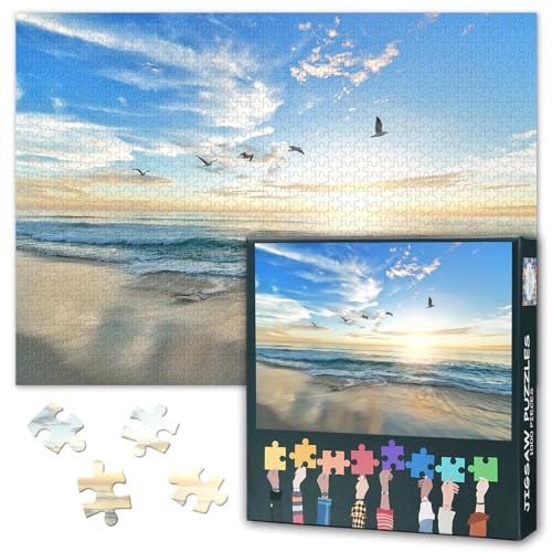 Meeres-Puzzle 1000 Teile - Einsamer Strand mit Vogelschwarm,50x70 cm natürliches Landschaftsmotiv für Puzzle-Profis für die Feiertage von TISHIRON