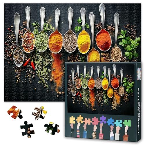 Moderne Gewürzregal Puzzle 1000 Teile - Farbenfrohe Kräuter in Minimalistischem Löffel Design, Premium Puzzlebrett - 27.5x19.7 Zoll von TISHIRON