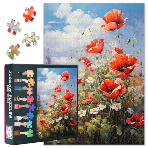 Mohnblumen-Puzzle für Erwachsene mit 1000 Teilen, Puzzles 1000 Teilen, anspruchsvolles Puzzle mit blühenden Blumen, 70 x 50 cm, Familienspielabend & Wohnkultur (Pflanzenserie) von TISHIRON
