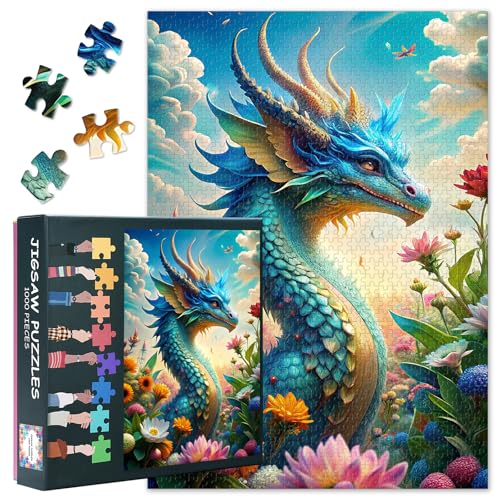 Mythische Kreaturen 1000-Stück-Puzzle für Erwachsene Drachen im Garten Puzzle 1000-Stücke Herausfordernde Puzzles Geeignet für Spielnächte Jugendliche Familie Spielzeug Geschenke Größe: 70x50cm von TISHIRON