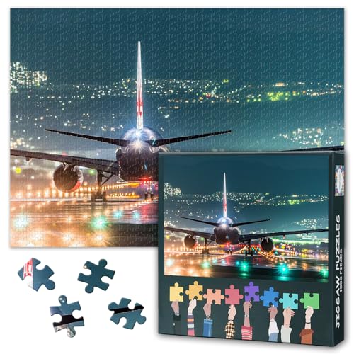 Nachtansicht Puzzles für Erwachsene 1000 Stück, Flugzeug auf der Landebahn Vorbereitung zum Abflug Puzzles 1000 Stück, Schwierige unmögliche Herausforderungen, 50x70 cm von TISHIRON