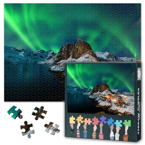Nordlichter Puzzle 1000 Teile für Erwachsene - Aurora Borealis über Hamnoy Norwegen | Premium Naturphänomen Puzzle 70x50 cm von TISHIRON