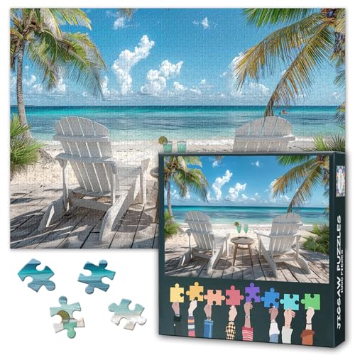 Ocean Jungle Puzzles für Erwachsene 1000 Stück - Zwei Leere Strandstühle mit Blick auf klare Ozean unter Palmen Puzzle | Herausfordernde Puzzles 1000 Stück für Entspannung & Home Decor 27.5" x 19.6" von TISHIRON