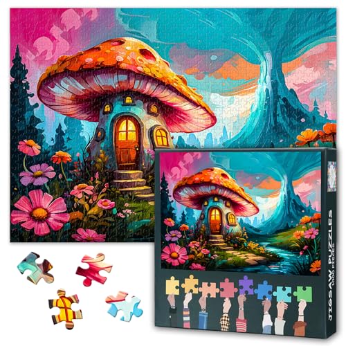 Pilze Puzzles 1000 Teile, Farbenfrohe Märchenhaus Puzzle Erwachsene, 1000 Teile Puzzles für Erwachsene, 70 x 50cm Puzzle Impossible Geschicklichkeitsspiel für die Ganze Familie von TISHIRON