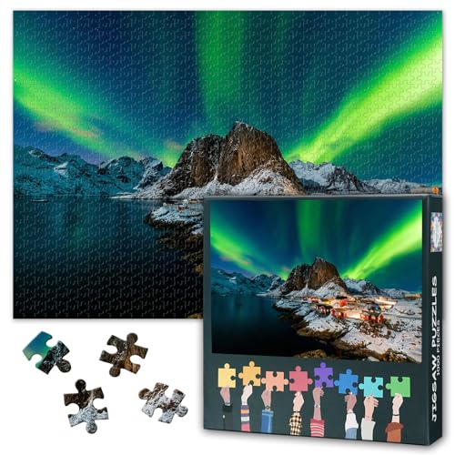 Polarlichter Puzzle 1000 Teile - Aurora Borealis über Hamnoy Norwegen, Nordlichter Nachthimmel Kunst | Premium Panoramapuzzle - 27.5x19.7 Zoll von TISHIRON