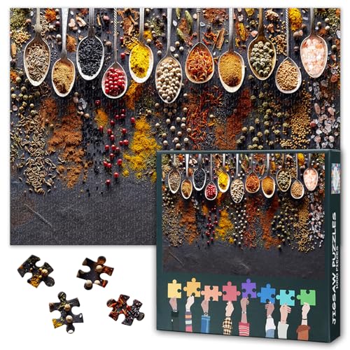 Premium 1000 Teile Puzzle Erwachsene - Kräuter & Gewürze Kunst: Lebendige Kochzutaten Design, Puzzlebrett - 27.5x19.7 Zoll von TISHIRON