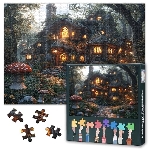 Premium 1000-Teile Puzzle mit märchenhaftem Waldmotiv, Magisches Pilzhaus in mystischer Waldszene Puzzle für Erwachsene 1000 Teile, Geschenkidee für Puzzlefans, Format 50x70 cm von TISHIRON
