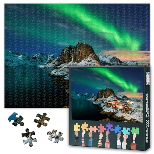 Premium Puzzle 1000 Teile Erwachsene - Spektakuläre Aurora Borealis Hamnoy Norwegen, Nachthimmel Design | Herausforderndes Kunstpuzzle - 27.5x19.7 Zoll von TISHIRON