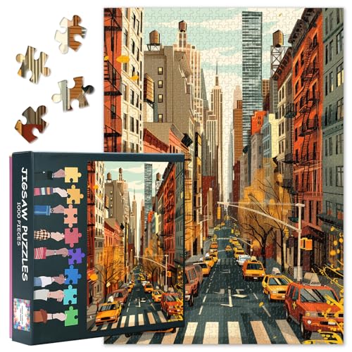 Premium Puzzle 1000 Teile für Erwachsene - New Yorker Straßenszene, Dynamisches Stadtbild in Vibranten Farben, Herausforderndes Puzzle 70x50 cm von TISHIRON