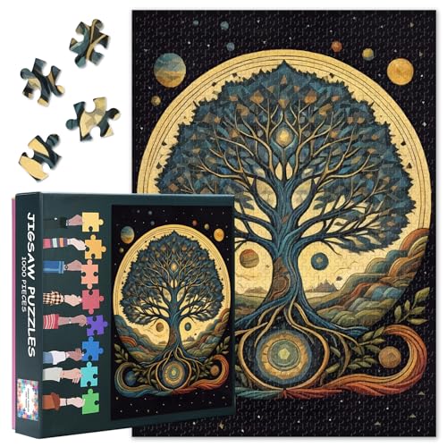 Premium Puzzle Lebensbaum mit Galaxie Hintergrund, 1000 Teile Magische Nachtlandschaft Mond und Sterne, Künstlerisches Papierpuzzle Mystische Naturkunst für Erwachsene, Motivgröße 27.5x19.7 Inch von TISHIRON