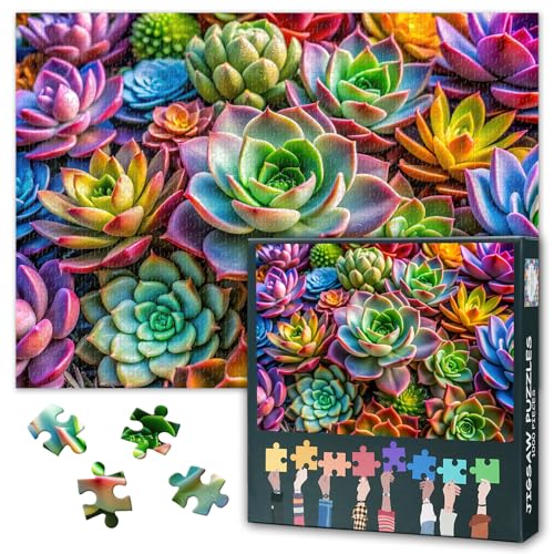 Premium Puzzle für Erwachsene - Sukkulenten Paradies: Regenbogen Kakteen & Wüstenflora Kunst - Puzzlebrett 27.5x19.7 Zoll von TISHIRON