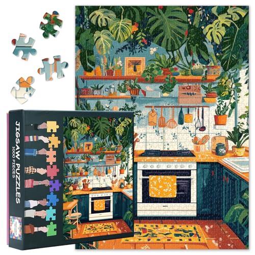 Premium-Puzzles für Erwachsene, 1000 Teile – Sonnenbeleuchtete böhmische Küche, die mit Topfpflanzen überläuft, herausforderndes 1000-teiliges Puzzle, lebendige Heimkunst (69,8 x 50 cm) von TISHIRON