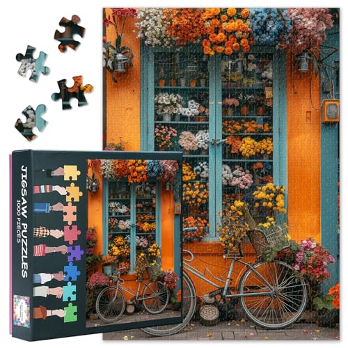 Premium-Puzzles für Erwachsene, 1000 Teile – gemütlicher Blumenladen mit Fahrrad, 1000 Teile, lebendige orangefarbene Baukunst (69,8 x 50 cm) von TISHIRON