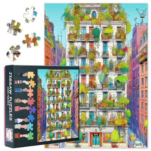 Premium-Puzzles für Erwachsene, 1000 Teile – lebendiges Hochhaus, verziert mit kaskadierenden grünen Pflanzen, Erwachsenenpuzzles 1000 Teile, moderne Stadtbildkunst (69,8 x 50 cm) von TISHIRON