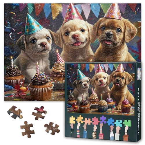 Puzzle 1000 Teile, DREI entzückende Welpen Puzzles für Erwachsene, Welpen feiern Geburtstag-Puzzle, Puzzles für Erwachsene 1000 Teile Gelegenheitsspiele, Fertige Größe 50 x 70 cm von TISHIRON