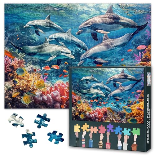 Puzzle 1000 Teile, Delfine 1000 Teile Puzzle für Erwachsene, Meereswelt Erwachsenenpuzzle, Familien-herausforderndes Spiel, fertige Puzzles Größe 50 x 70 cm von TISHIRON