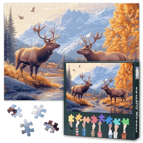Puzzle 1000 Teile, Elch Erwachsene Puzzles, Naturlandschaft Puzzle 1000 Teile für Erwachsene, Der Elch in den Bergen Puzzle Herausforderndes Spiel Fertige Größe 50x70cm von TISHIRON
