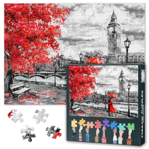 Puzzle 1000 Teile, Schwarz-Weiß-Puzzles für Erwachsene, London-Ölgemälde-Puzzle, Big Ben Red Umbrella Challenge Puzzles für Erwachsene, 1000 Teile, Fertige Größe 50 x 70 cm Puzzle 1000 Teile, Schwarz-Weiß-Puzzles für Erwachsene, London-Ölgemälde-Puzzle, Big Ben Red Umbrella Challenge Puzzles für Erwachsene, 1000 Teile, Fertige Größe 50 x 70 cm von TISHIRON