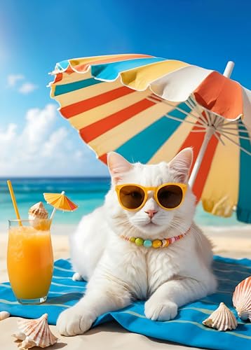 Puzzle 1000 Teile, Sommer-Strandkatze, 1000-teiliges Puzzle für Erwachsene, weiße Katze, Erwachsenen-Puzzle, Familien-herausforderndes Spiel, fertige Puzzles, Größe 50 x 70 cm von TISHIRON