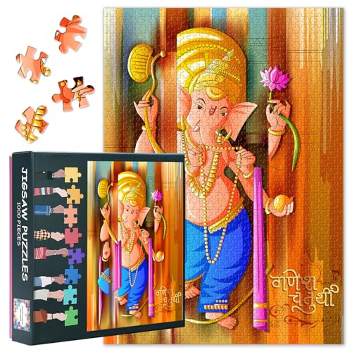Puzzle 1000 Teile Abstraktes Lord Ganpati Gemälde Frohes Ganesh Chaturthi Festival Indische Kunst Spirituelles Papier Puzzle für Erwachsene Deko Kulturelles Geschenk 27,5x19,7 Zoll von TISHIRON