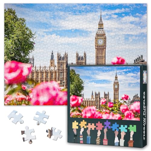 Puzzle 1000 Teile Big Ben Palace of Westminster London Flower Garden Scenic View British Wahrzeichen Puzzle für Erwachsene, Geschenk, 70 x 50 cm von TISHIRON