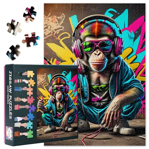 Puzzle 1000 Teile - DJ AFFE Mit Kopfhörer Und Sonnenbrille 1000 Puzzle, Geschicklichkeitsspiel für Die Ganze Familie, Buntes Legespiel, Erwachsenenpuzzle ab 6 Jahre Fertige Größe 50x70cm von TISHIRON