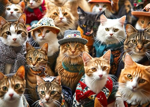 Puzzle 1000 Teile Erwachsene, Eine Gruppe von Katzen mit Hüten und Sweatshirts 1000 Teiles Puzzle für Erwachsene Geschicklichkeitsspiel für die ganze Familie Fertige Größe 50x70cm von TISHIRON