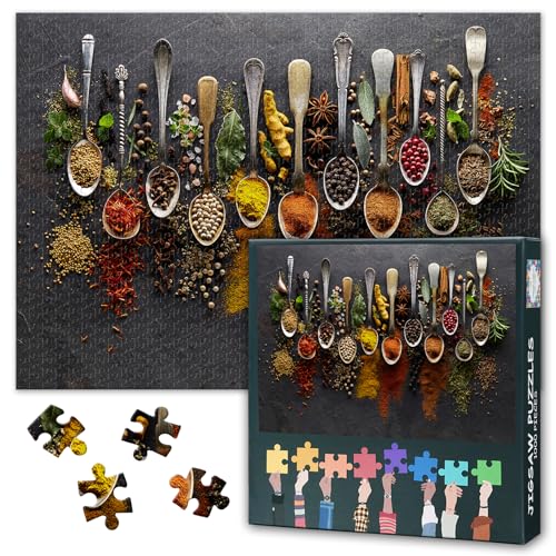 Puzzle 1000 Teile Erwachsene - Gourmet Gewürze Collage: Regenbogenkräuter für Kochkunst, Premium Art Puzzle - 27.5x19.7 Zoll von TISHIRON