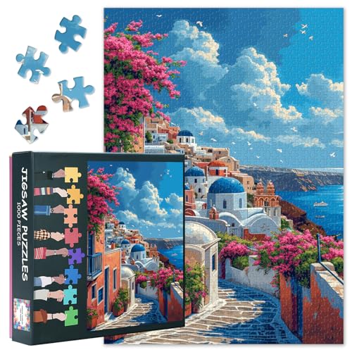 Puzzle 1000 Teile Erwachsene Santorini herausfordernde Puzzles für Erwachsene, 70 x 50 cm Ägäisches Meer Puzzle Spiel für Frauen Home Dekoration Geburtstagsgeschenk (Stadtbild Serie) von TISHIRON