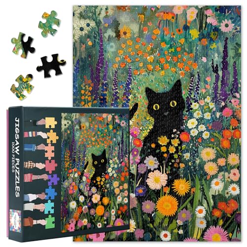 Puzzle 1000 Teile Erwachsene - Schwarze Katze & Blumen Thema Jigsaw Puzzle (27.5x19.7 Inch), Blühende Wildblume Herausfordernde Puzzles für Erwachsene, Familienspiel für Männer & Frauen von TISHIRON