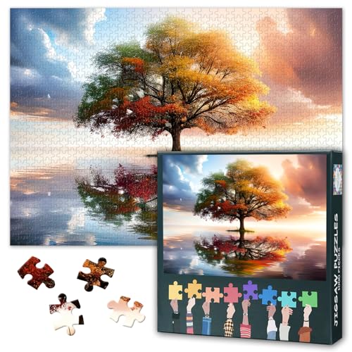 Puzzle 1000 Teile Herbstlandschaft Sonnenuntergang am See einsamer Baum Bunte Herbstfarben Motiv für Erwachsene Entspannung Geschenkidee Meditation Dekoration 70 x 50 cm von TISHIRON