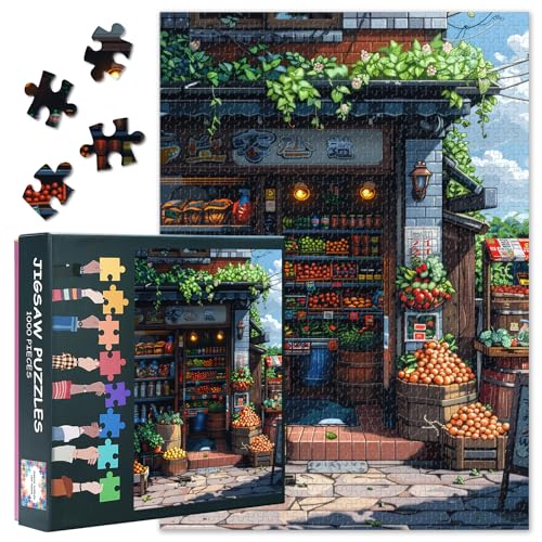 Puzzle 1000 Teile für Erwachsene, charmante Stadtstraßenecke mit kleinem Laden, frisches Obst und Gemüse, Puzzles 1000 Teile für Erwachsene, rustikale Marktszenenkunst (69,8 x 50 cm) von TISHIRON