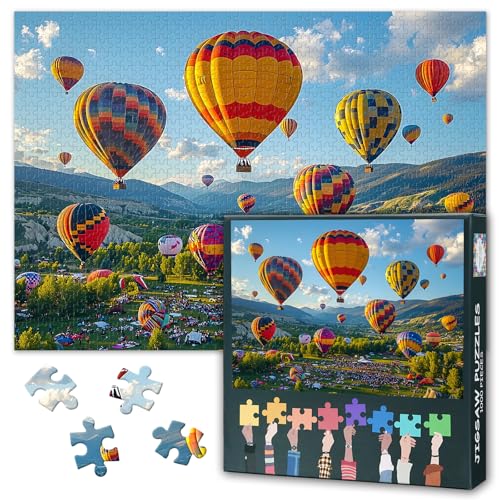 Puzzle 1000 Teile für Erwachsene - Bunte Heißluftballons über lebendiger Blumenwiese, Farbenfrohes Luftfahrt-Motiv, Premium Puzzle 1000 Teile, Format 50x70cm von TISHIRON